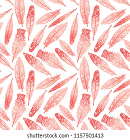 Flamingo feather brigth colorful hand drawn swirls. Seamless pattern. Vector illustration isolated on white background.