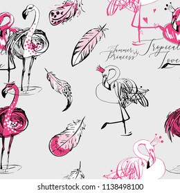 Flamingo and feather pattern. Seamless background with pink flamingo, tropical birds symbols of fashion and love. Hand drawn graphic illustration.