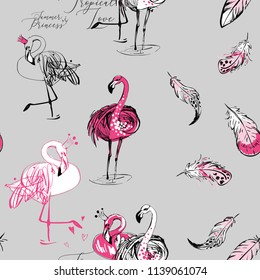 Flamingo and feather pattern. Seamless background with pink flamingo, tropical birds symbols of fashion and love. Hand drawn graphic illustration.