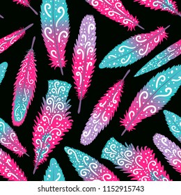 Flamingo feather pink hand drawn swirls. Seamless pattern. Vector illustration isolated on dark.