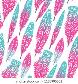 Flamingo feather pink hand drawn swirls. Seamless pattern. Vector illustration isolated on white background.