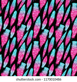 Flamingo feather pink hand drawn swirls. Seamless pattern. Vector illustration isolated on dark.