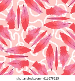 Flamingo feathers. Vector seamless pattern. Background of sand color with white curls.
