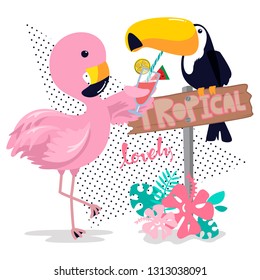 Flamingo feed drink to toucan bird on wooden sign tropical isolated on white background illustration vector.