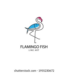 flamingo and fish animal line logo design illustration