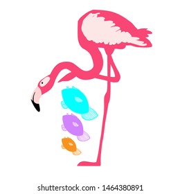 Flamingo and fish, cartoon character, vector drawing