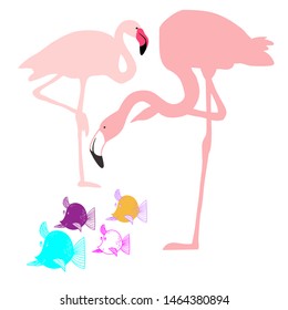 Flamingo and fish, cartoon character, vector drawing