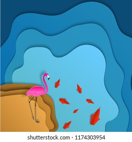 flamingo and fish in water paper art, summer illustration,digital craft style