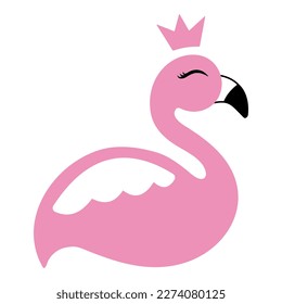 Flamingo flat design illustration. Cute pink exotic wild bird with a crown vector. Isolated on white background.