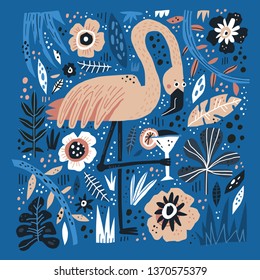 Flamingo flat hand drawn illustration. Pink tropical bird holding cocktail poster. Elegant wild animal on botanical background. Palm leaves and flowers in scandinavian style. Exotic travel postcard