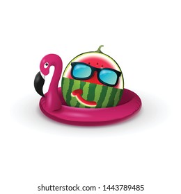 Flamingo float with carve watermelon and sunglasses isolatd on white background