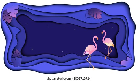 Flamingo floral jungle background. Purple trendy tropical web banner template with palm leaves made in 3D paper cut, craft style. Luminous bugs glowing at night. Summer botanical vector illustration.