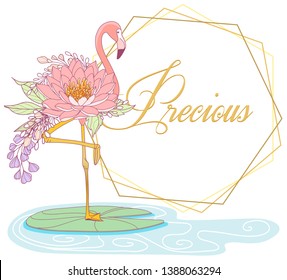 Flamingo With Flower Body And Golden Frame