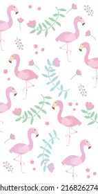 Flamingo and Flower Leaf Pattern, Flamingo Pink seamless, Flamingo white Background, Flamingo Wallpaper Love Cards Vector Stock Vector Illustration.