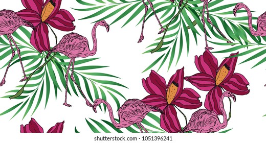 Flamingo and flower pattern in vector . textile fabric