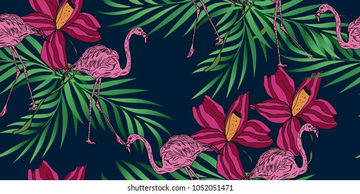 Flamingo and flower pattern in vector . textile fabric