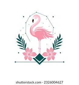 Flamingo and flowers abstract illustration. Vector icon of tropical bird and natural elements.