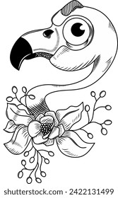 Flamingo with flowers black and white, tropical bird