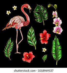 Flamingo and flowers embroidery patches for your design.