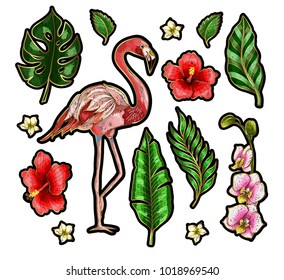 Flamingo and flowers embroidery patches for your design.
