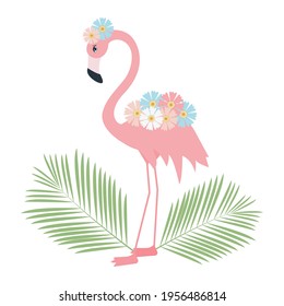 Flamingo con flores. Estilo plano, ilustración vectorial.