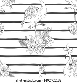 Flamingo with flowers hand drawn seamless pattern. Wild bird standing on one leg black ink sketch on striped background. Blooming Hibiscus, exotic foliage engraving. Tropical textile, wallpaper design