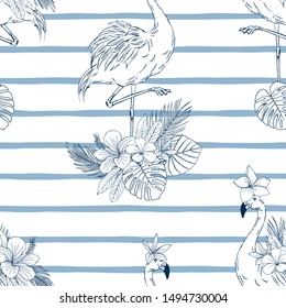 Flamingo with flowers hand drawn seamless pattern. Wild bird standing on one leg black ink sketch on striped background. Blooming Hibiscus, exotic foliage engraving. Tropical textile, wallpaper design