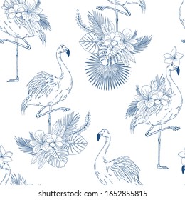 Flamingo with flowers hand drawn vector seamless pattern. Wild bird standing on one leg blue ink sketch background. Blooming Hibiscus, exotic foliage inky. Tropical textile, wallpaper design