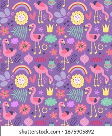 Flamingo and flowers seamless pattern