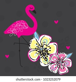 flamingo with flowers vector illustration