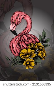 Flamingo con ilustración vectorial de flores
