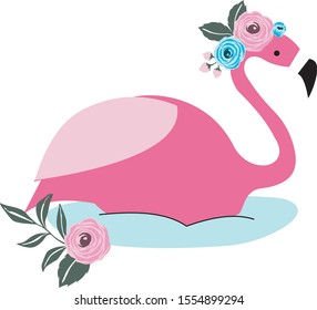 Flamingo with flowers Vector Illustration.  Flamingo swims on the water. Summer print design, children print on t-shirt.
