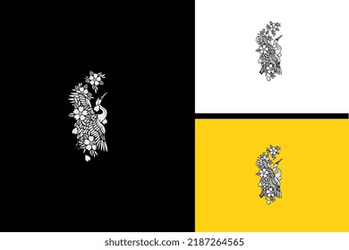 flamingo flying and flower vector black and white