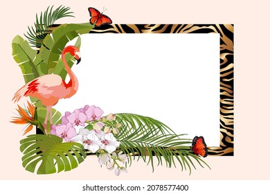 Flamingo and frame with flowers.Colored vector illustration with pink flamingos, tropical flowers and frame for your text.