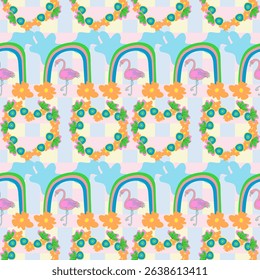 Flamingo Garden Rainbow Grid Pattern. Whimsical Summer Floral Seamless. combining flamingos, rainbows, tropical blooms. Perfect for wrapping paper, home decor, baby clothes, and summer themed.