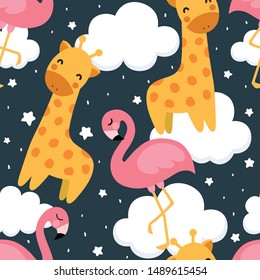 Flamingo and Giraffe Cute Seamless Pattern, Animal Summer Wallpaper Background, Cartoon Vector illustration