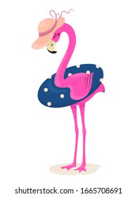 Flamingo girl in a hat and with a rubber ring. Beach summer theme. Vector illustration in cartoon flat style.