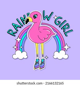 FLAMINGO GIRL WITH SKATES AND A RAINBOW, SLOGAN PRINT VECTOR