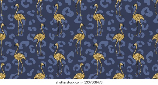 Flamingo glitter bird with monstera leaf seamless pattern