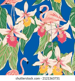 Flamingo, green palm leaves, pink orchid flowers, blue background. Vector floral seamless pattern. Tropical illustration. Exotic plants, birds. Summer beach design. Paradise nature