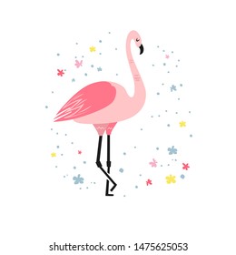 Flamingo, hand drawn illustration. Frame flower. Pink tropical bird. Elegant wild animal vector isolated clipart. Exotic flat drawing
