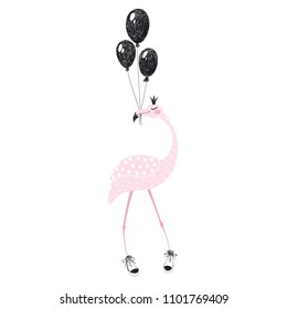 Flamingo. Happy birthday cute card. Tropical girl bird with balloons, sneakers, crown. Cool child vector. Hand draw illustration for t-shirt, kids apparel and other design.