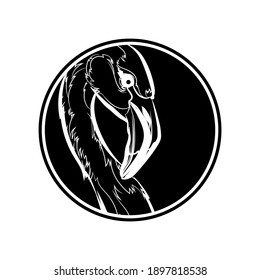 Flamingo head in black circle. Black and white illustration. Vector.