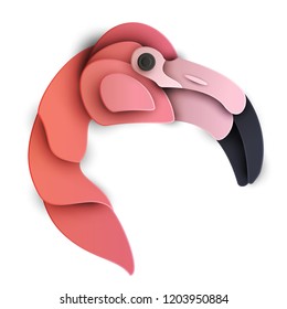 Flamingo head. Cartoon exotic bird in trendy paper cut craft graphic style. Modern design for advertising, branding greeting card, cover, poster, banner. Vector illustration.