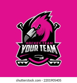 Flamingo head logo for the ice hockey team logo. vector illustration. With a combination of shields badge, puck and ice hockey stick