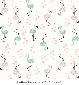 flamingo And Heart Doodle Seamless Pattern