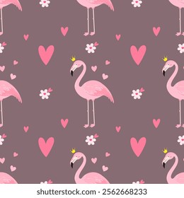 Flamingo and heart Seamless pattern. Vector Pastel background. Valentines day and love