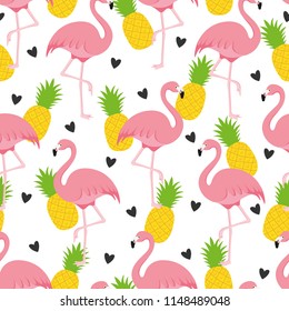 Flamingo Hearts Pineapple Pattern Repeat Seamless Background Summer Exotic Love