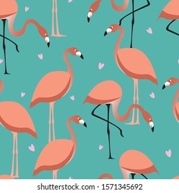Flamingo with hearts seamless pattern on turquoise background