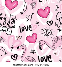 Flamingo and hearts seamless pattern texture background design for fashion graphics, textile prints, decors, wallpapers etc